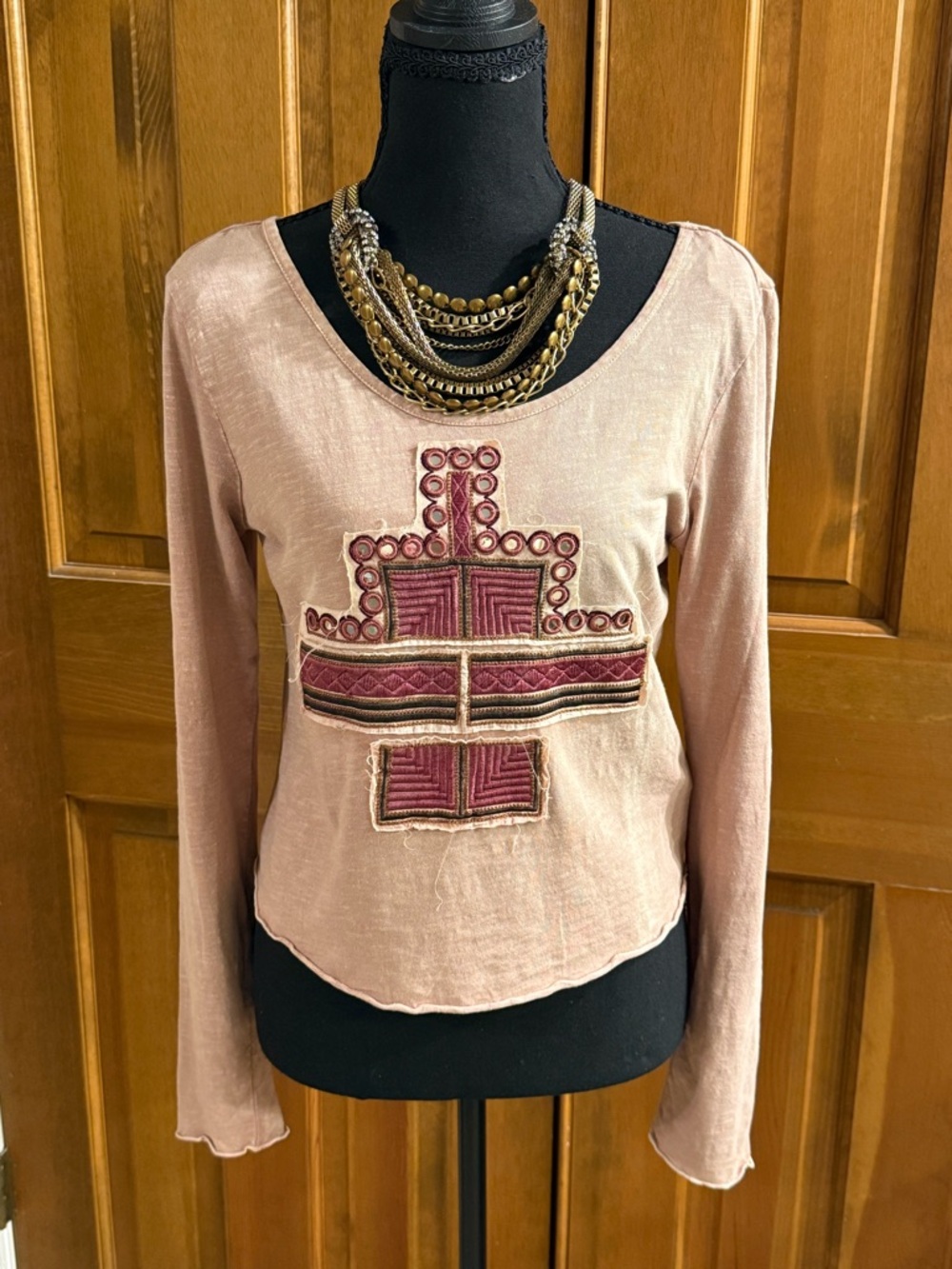 Free People Dusty Pink Long Sleeve Embroidered Tee